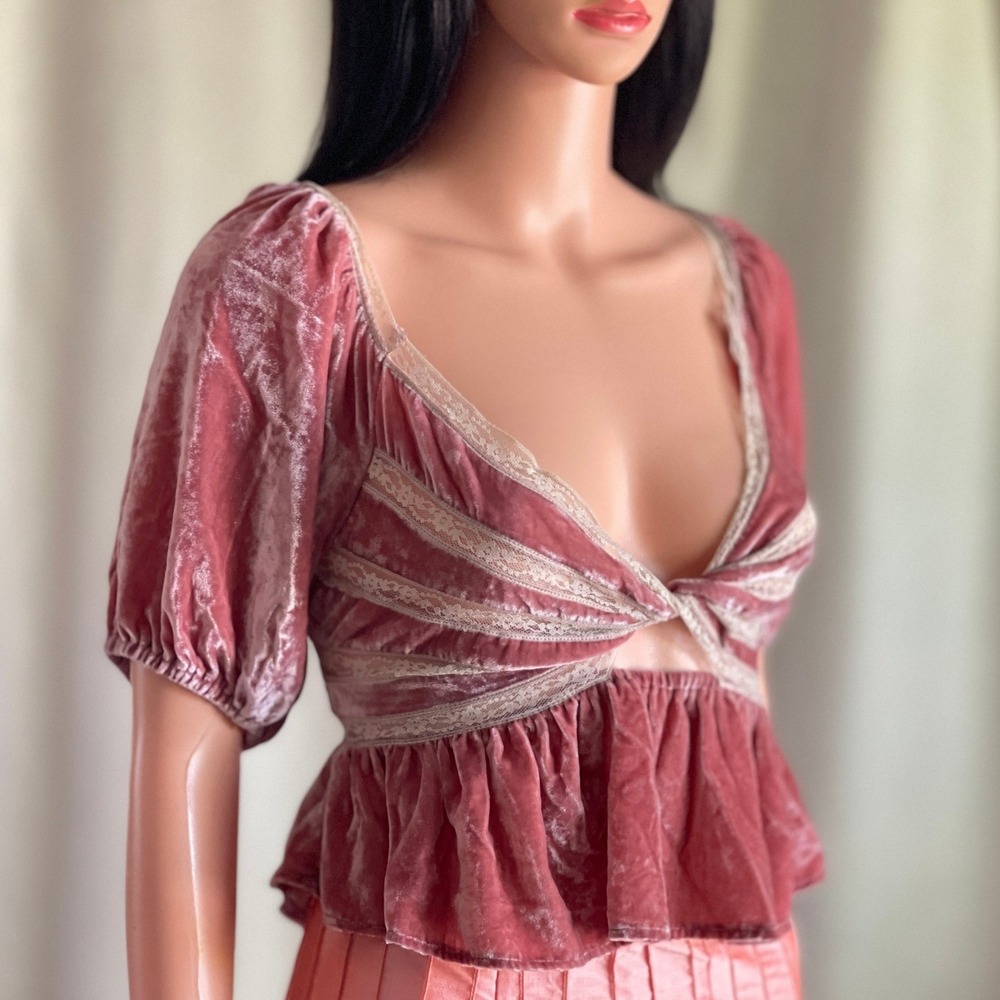 Free People Yours Truly Pink Crushed Velvet Lace Trim Peplum Top Coquette XS